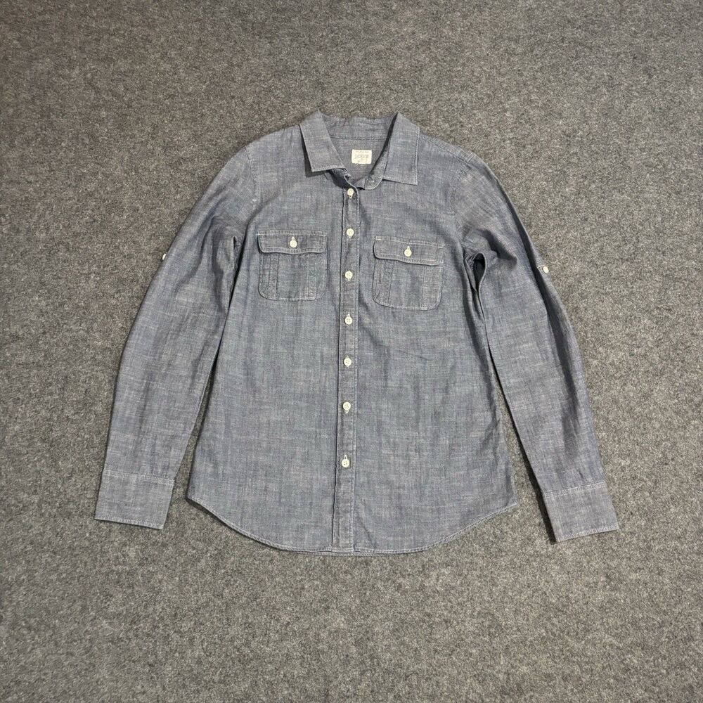 J.Crew Shirt Womens Size XS Blue Chambray Denim Button Up Roll Tab Sleeves